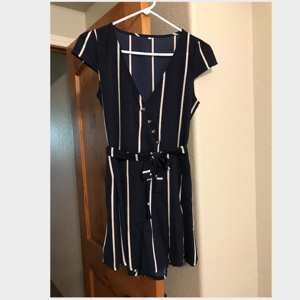 SHEIN Navy Stripe Pleated Romper — S